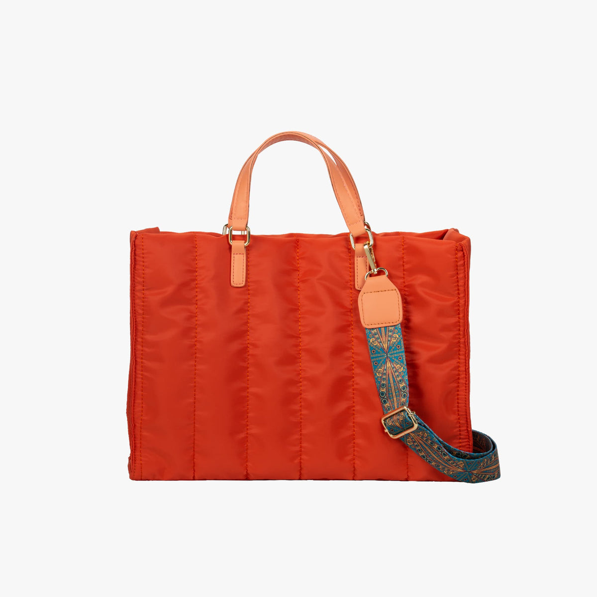 Black Quilted Tote Bag with Printed Crossbody Strap and Gold Hardware