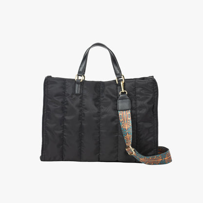 Black Quilted Tote Bag with Printed Crossbody Strap and Gold Hardware