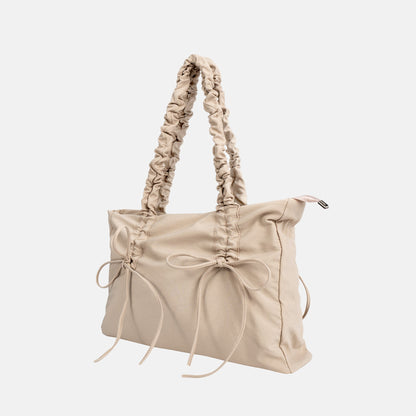 Black Shoulder Bag with Ruched Handles and Bow Detail