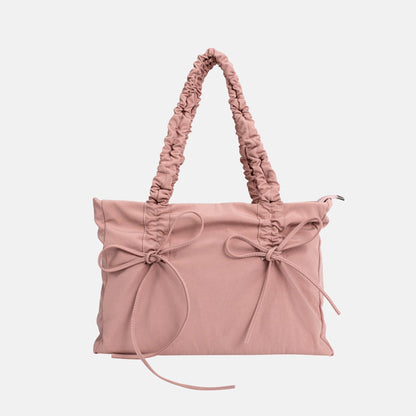 Black Shoulder Bag with Ruched Handles and Bow Detail