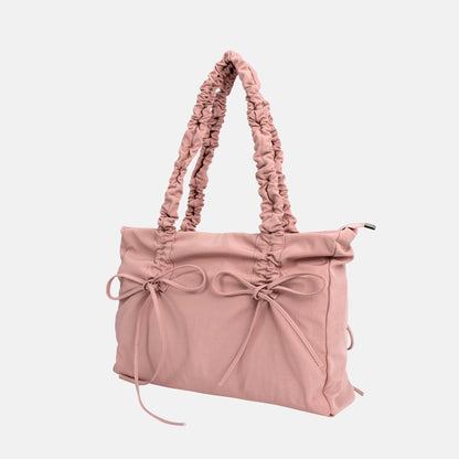 Black Shoulder Bag with Ruched Handles and Bow Detail