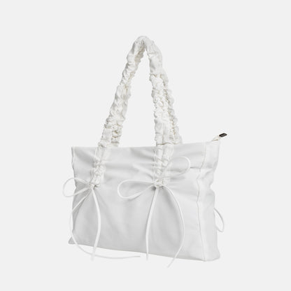 Black Shoulder Bag with Ruched Handles and Bow Detail
