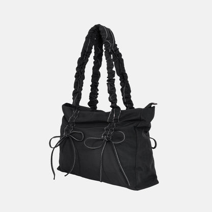 Black Shoulder Bag with Ruched Handles and Bow Detail