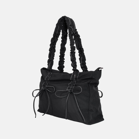 Black Shoulder Bag with Ruched Handles and Bow Detail