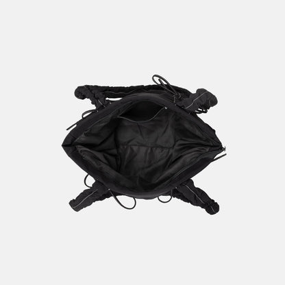 Black Shoulder Bag with Ruched Handles and Bow Detail