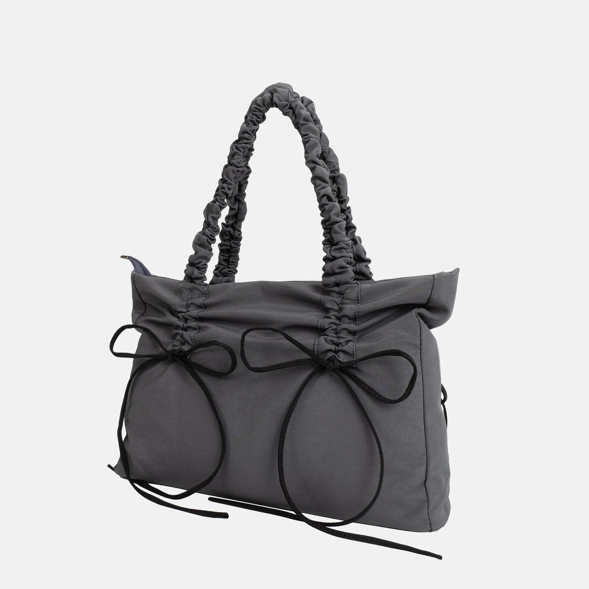Black Shoulder Bag with Ruched Handles and Bow Detail