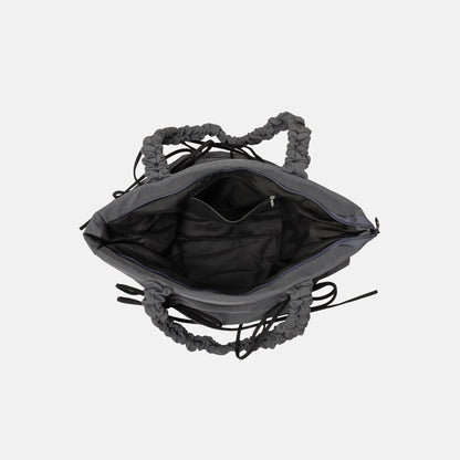 Black Shoulder Bag with Ruched Handles and Bow Detail