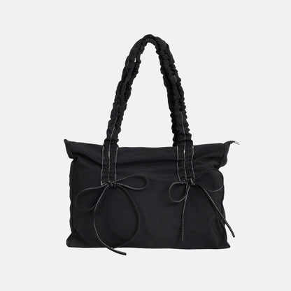 Black Shoulder Bag with Ruched Handles and Bow Detail