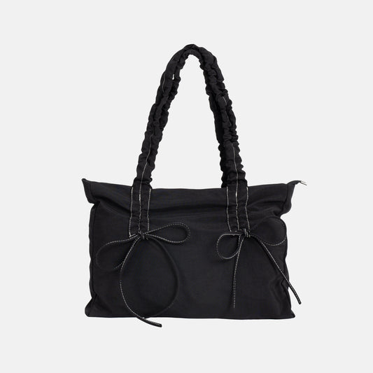 Black Shoulder Bag with Ruched Handles and Bow Detail