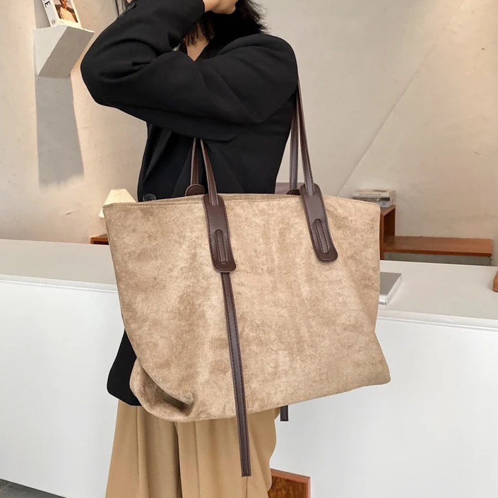 Black Suede Tote Bag with Contrast Leather Straps