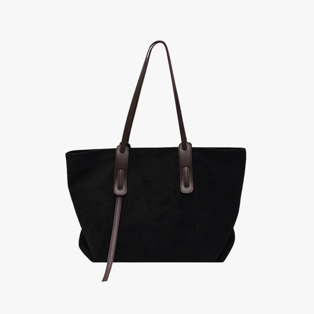 Black Suede Tote Bag with Contrast Leather Straps