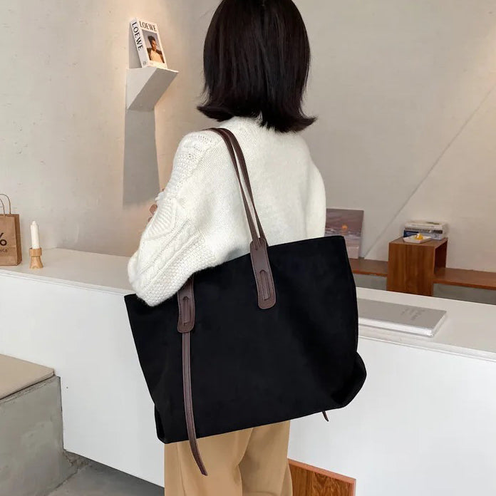 Black Suede Tote Bag with Contrast Leather Straps