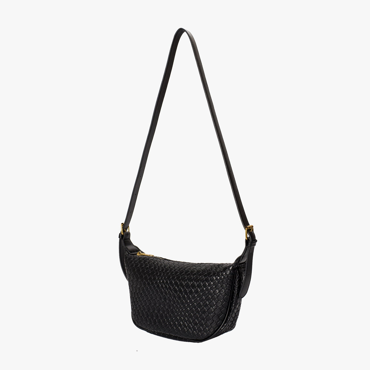 Black Woven Leather Crossbody Bag with Gold Hardware