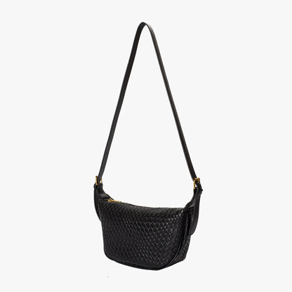Black Woven Leather Crossbody Bag with Gold Hardware