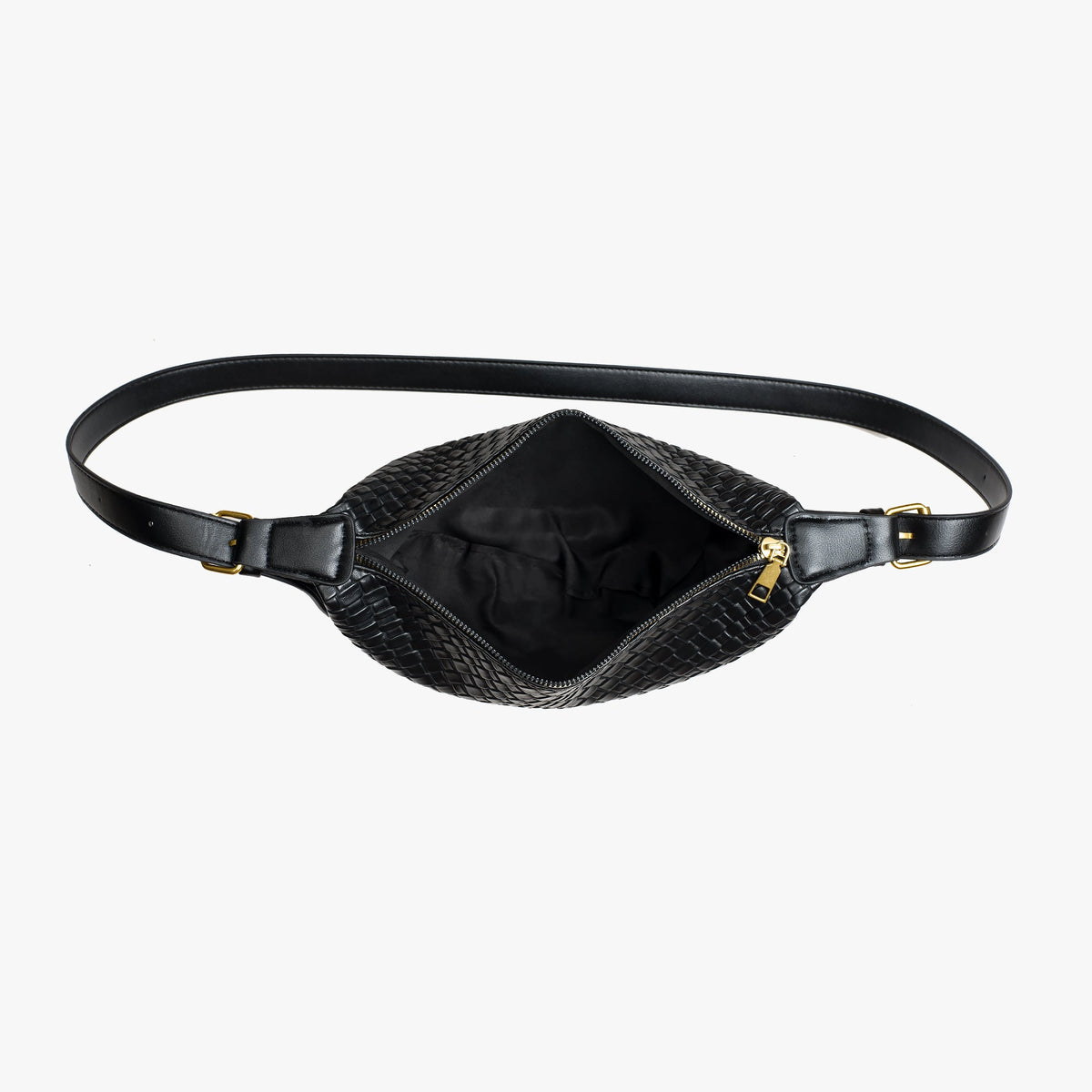 Black Woven Leather Crossbody Bag with Gold Hardware