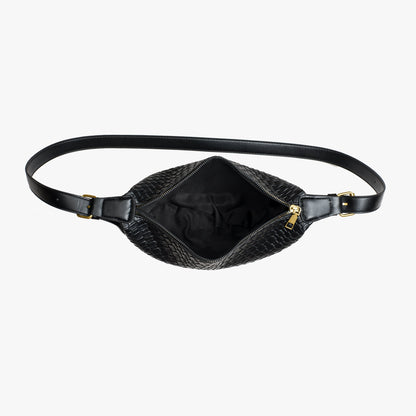 Black Woven Leather Crossbody Bag with Gold Hardware