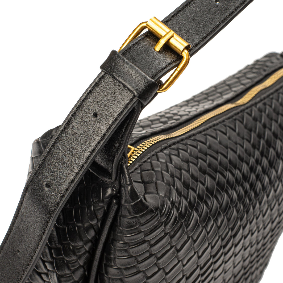 Black Woven Leather Crossbody Bag with Gold Hardware