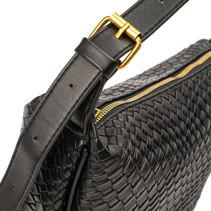 Black Woven Leather Crossbody Bag with Gold Hardware