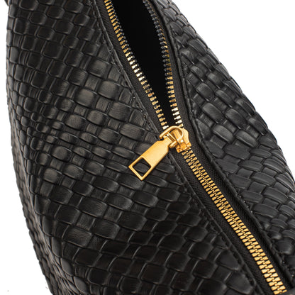 Black Woven Leather Crossbody Bag with Gold Hardware