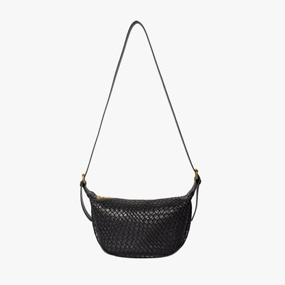 Black Woven Leather Crossbody Bag with Gold Hardware