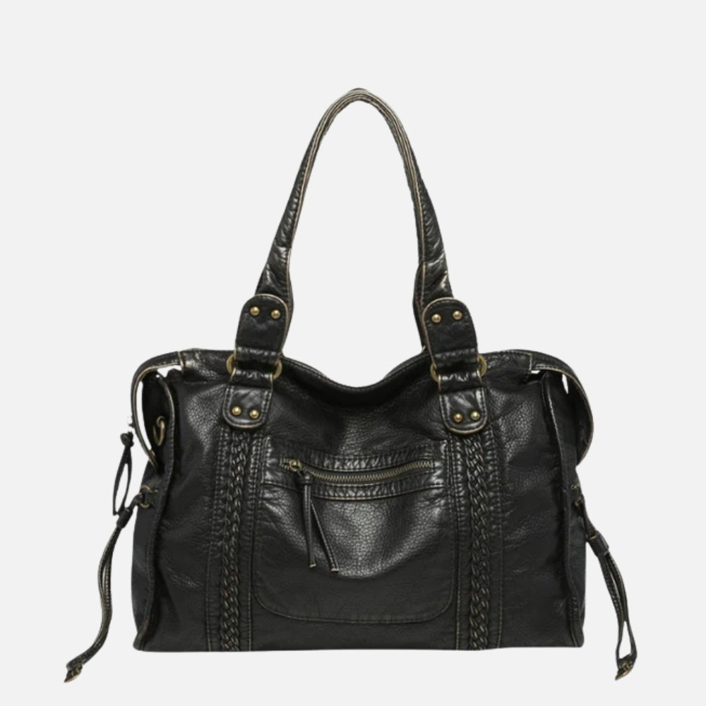 Black Leather Shoulder Bag with Woven Trim and Antique Hardware