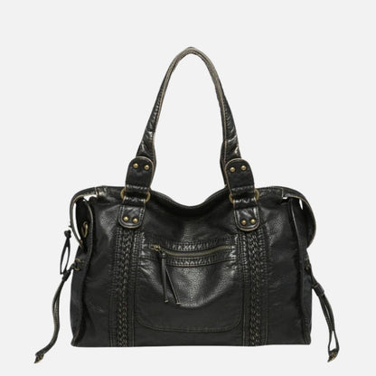Black Leather Shoulder Bag with Woven Trim and Antique Hardware