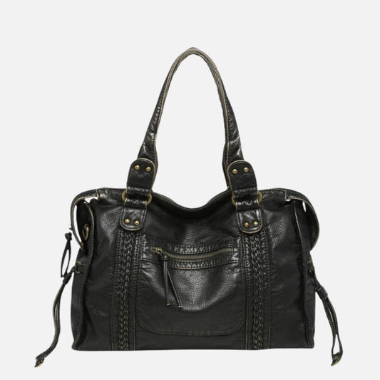 Black Leather Shoulder Bag with Woven Trim and Antique Hardware