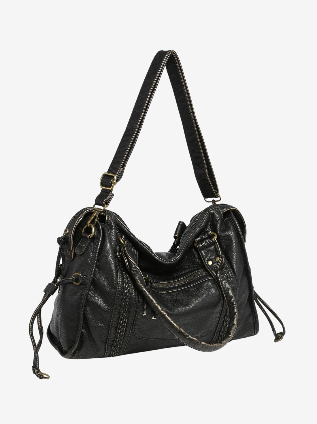 Black Leather Shoulder Bag with Woven Trim and Antique Hardware
