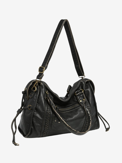 Black Leather Shoulder Bag with Woven Trim and Antique Hardware