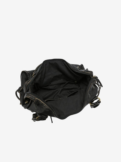 Black Leather Shoulder Bag with Woven Trim and Antique Hardware