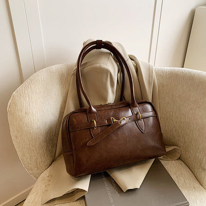 Brown Leather Shoulder Bag with Gold Horsebit Hardware
