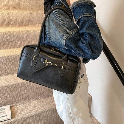 Brown Leather Shoulder Bag with Gold Horsebit Hardware