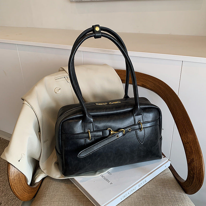 Brown Leather Shoulder Bag with Gold Horsebit Hardware