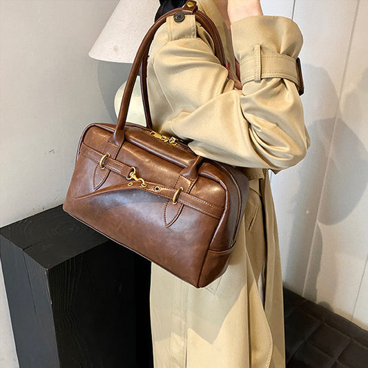 Brown Leather Shoulder Bag with Gold Horsebit Hardware