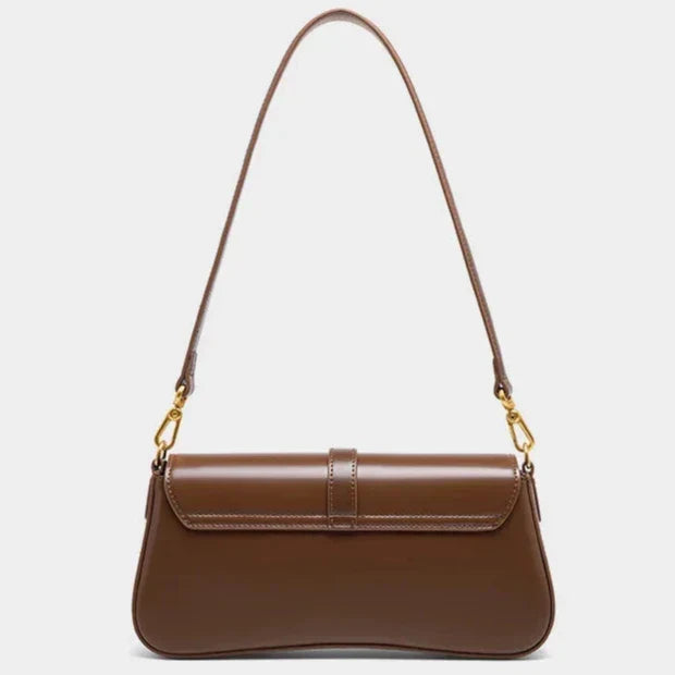 Brown Leather Shoulder Bag with Gold Turn-Lock Clasp