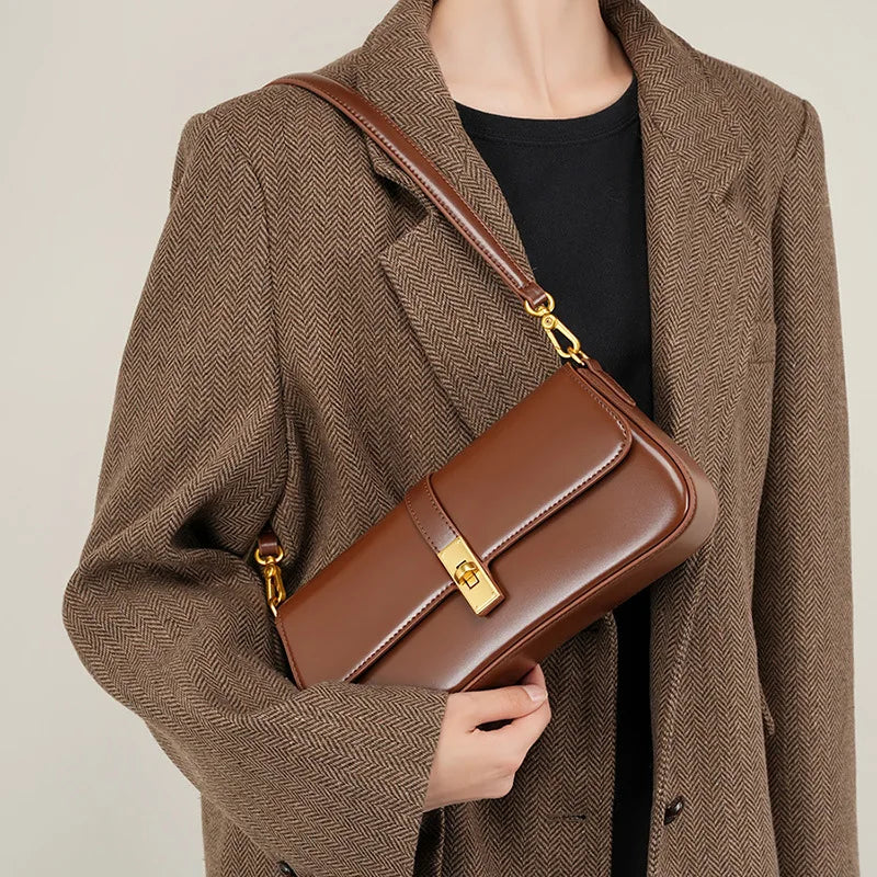 Brown Leather Shoulder Bag with Gold Turn-Lock Clasp