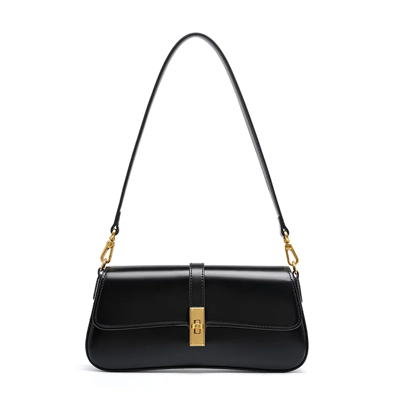 Brown Leather Shoulder Bag with Gold Turn-Lock Clasp