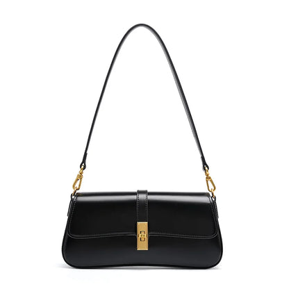 Brown Leather Shoulder Bag with Gold Turn-Lock Clasp