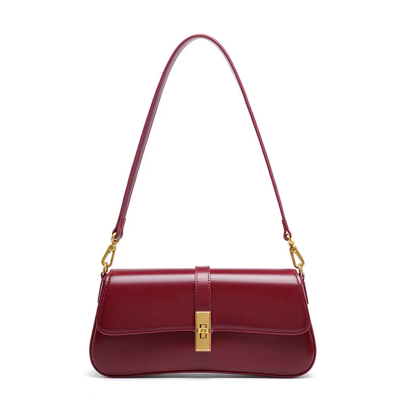 Brown Leather Shoulder Bag with Gold Turn-Lock Clasp