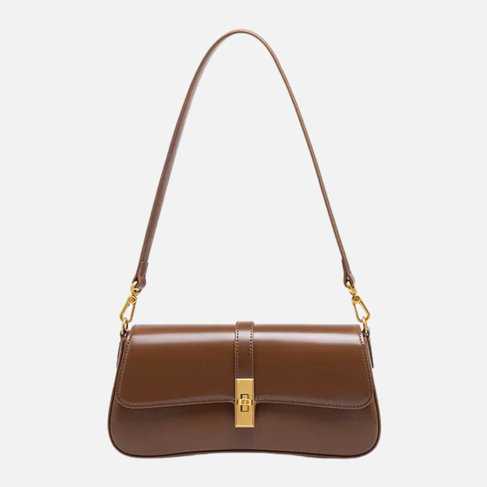 Brown Leather Shoulder Bag with Gold Turn-Lock Clasp