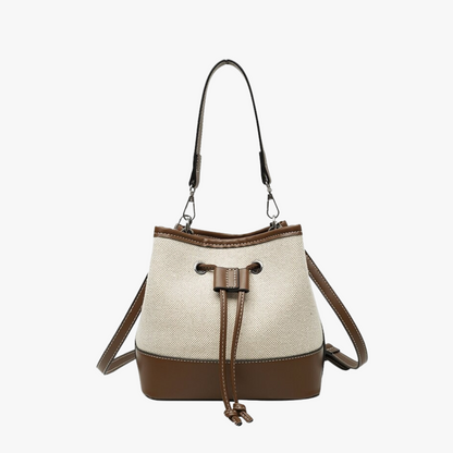 Canvas Bucket Bag with Leather Trim and Drawstring Closure