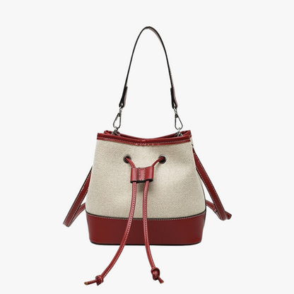 Canvas Bucket Bag with Leather Trim and Drawstring Closure