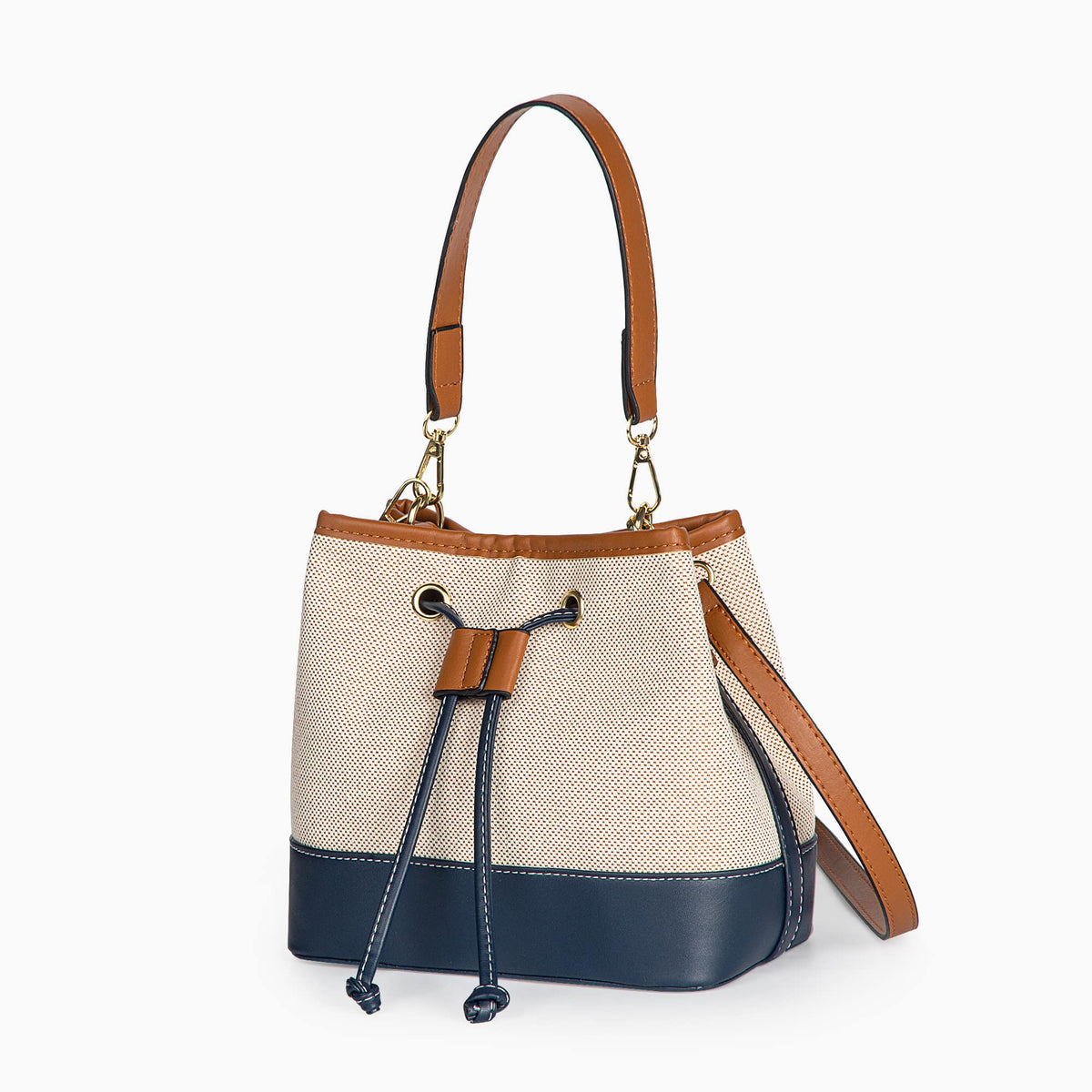 Canvas Bucket Bag with Leather Trim and Drawstring Closure