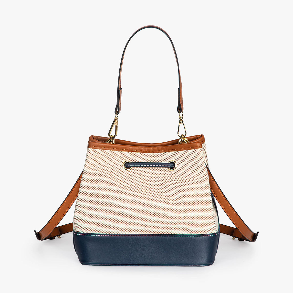 Canvas Bucket Bag with Leather Trim and Drawstring Closure