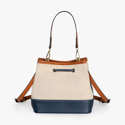 Canvas Bucket Bag with Leather Trim and Drawstring Closure