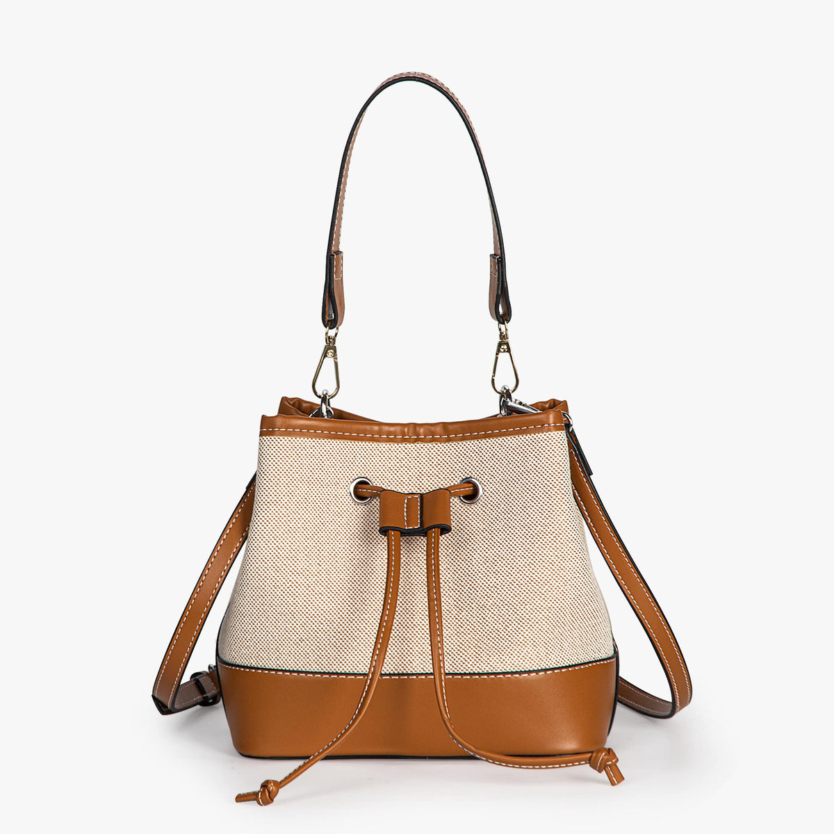 Canvas Bucket Bag with Leather Trim and Drawstring Closure