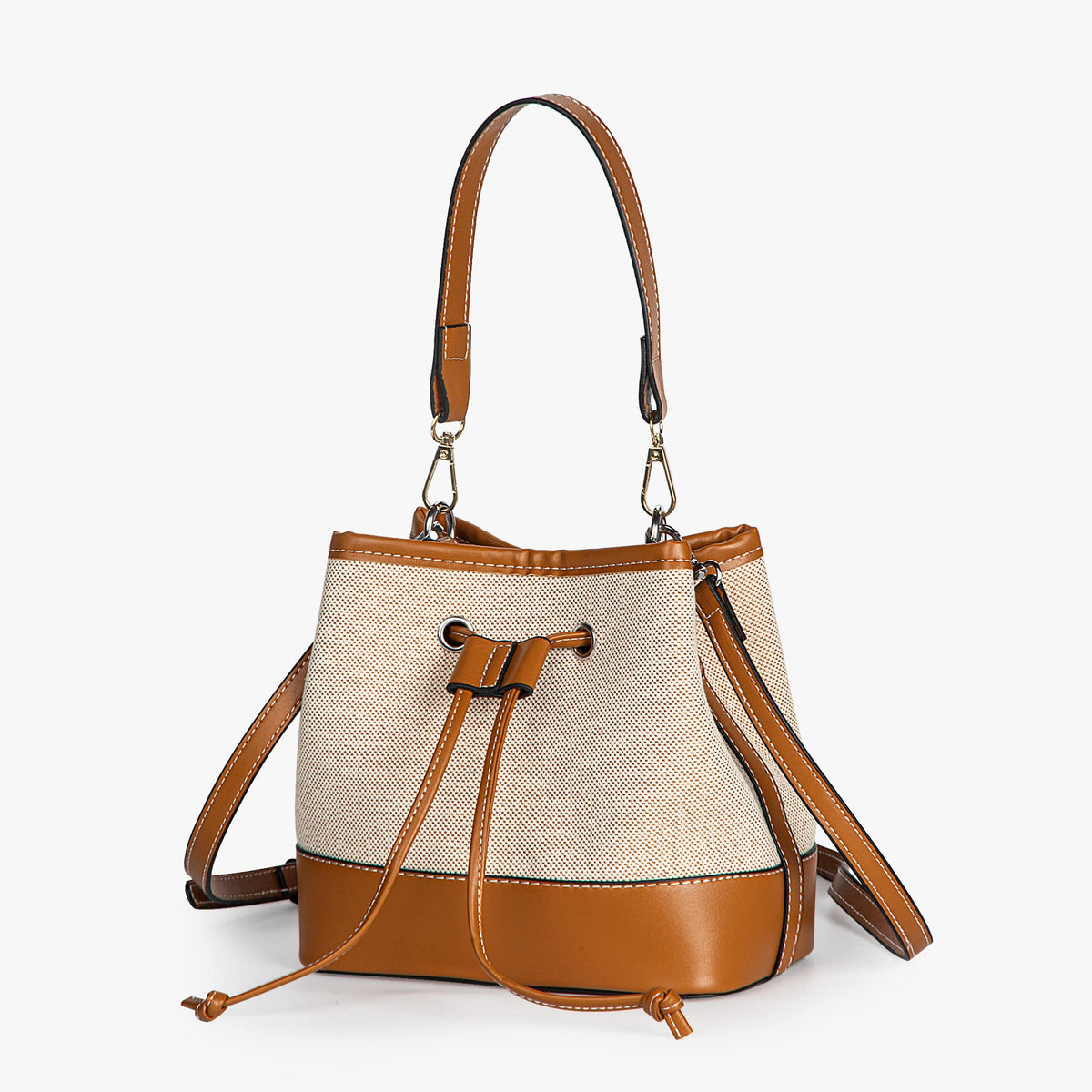 Canvas Bucket Bag with Leather Trim and Drawstring Closure