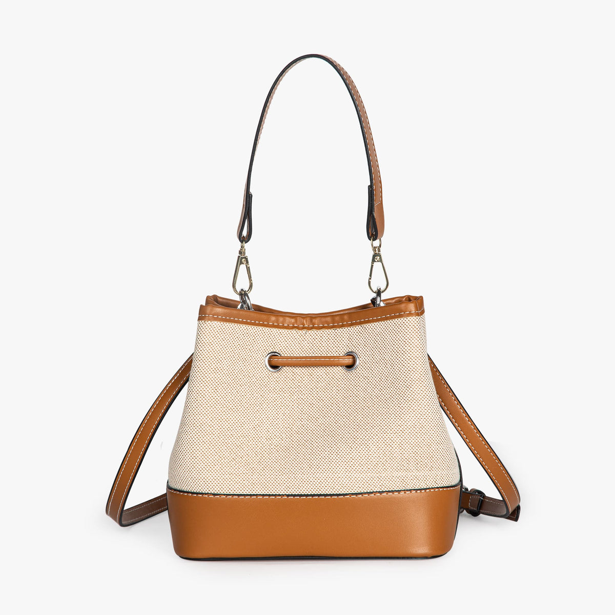 Canvas Bucket Bag with Leather Trim and Drawstring Closure