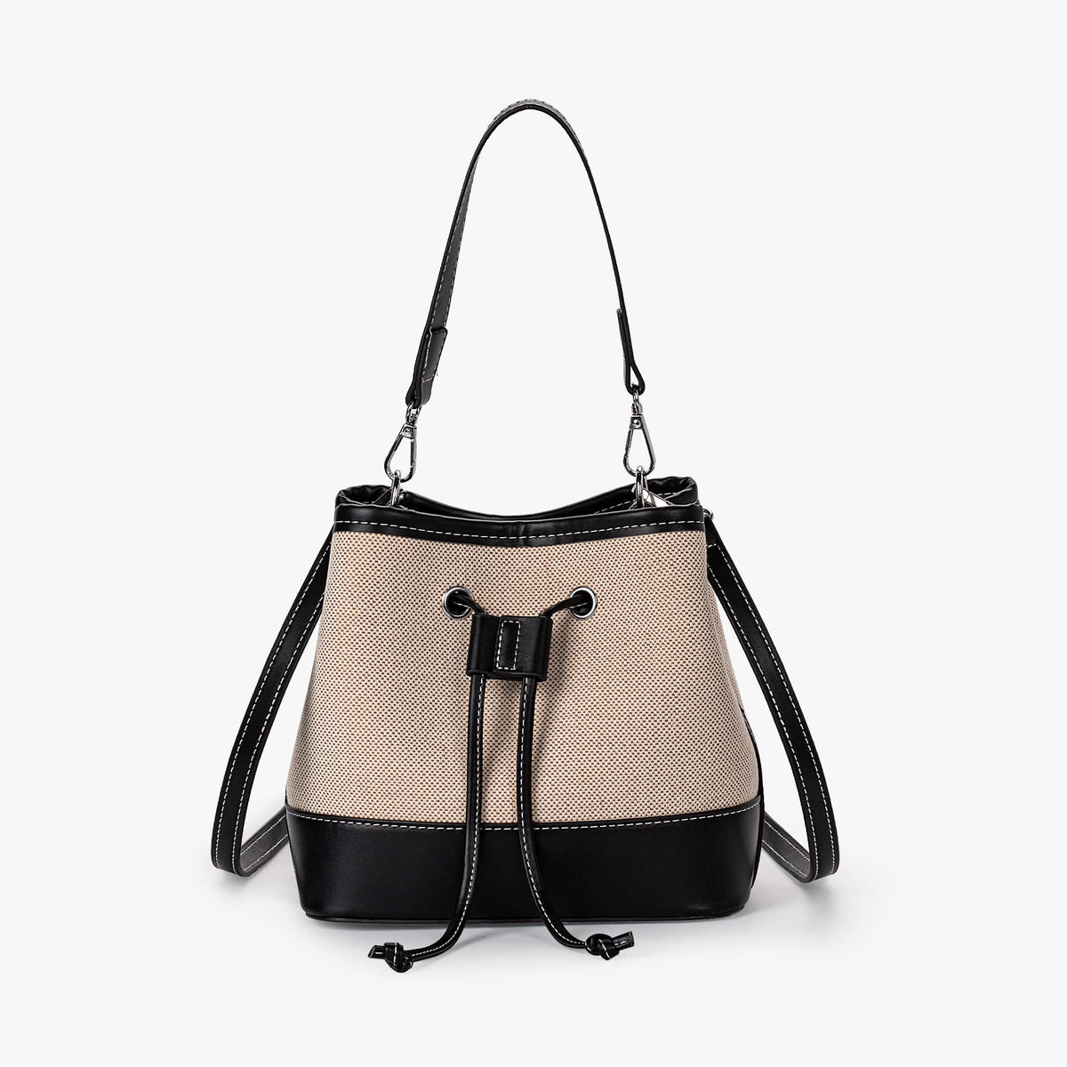 Canvas Bucket Bag with Leather Trim and Drawstring Closure
