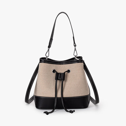Canvas Bucket Bag with Leather Trim and Drawstring Closure